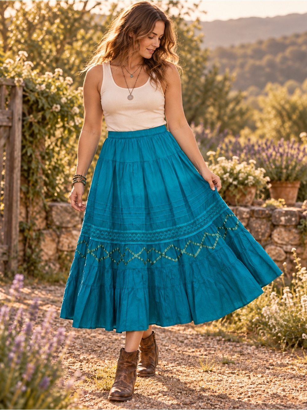 First Issue Liz Claiborne Teal Cotton Boho Midi Skirt Medium